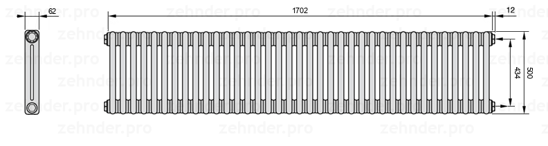 Схема (чертеж) Радиатор Zehnder Charleston 2050/37 №7610 Белый глянцевый RAL 9016